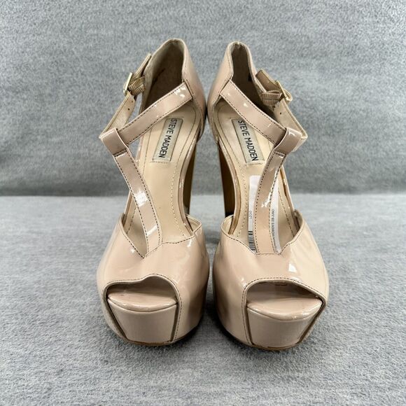 STEVE MADDEN - Dyvine Tan T-Strap Gold Platform Heel Size 7.5 B7 - Picture 2 of 8
